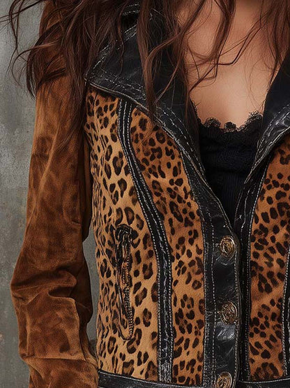 Vintage Leopard Print Suede Jacket With Leather Trim