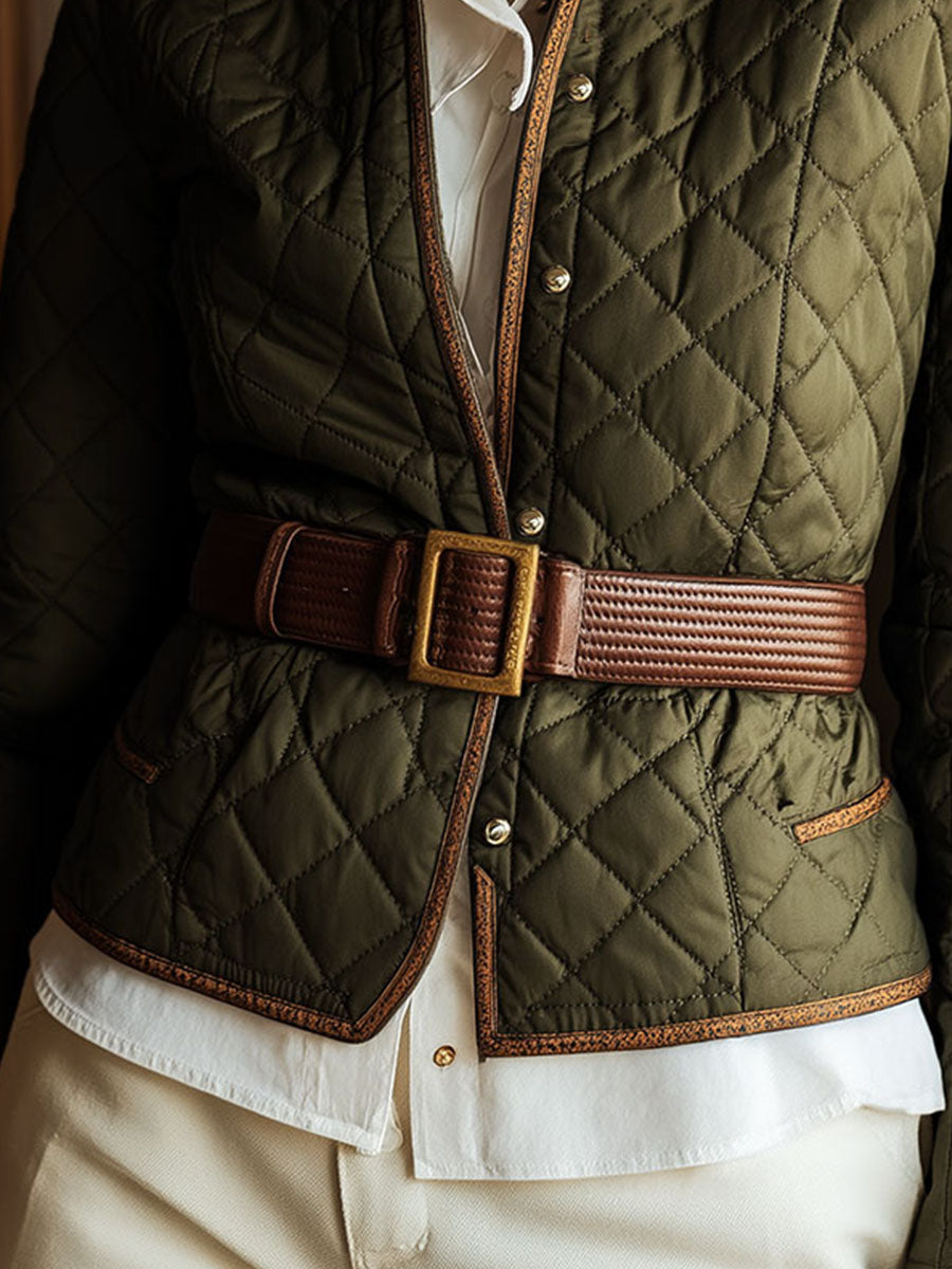 Olive Green Puffer Quilted Belted Jacket With Contrast Trim