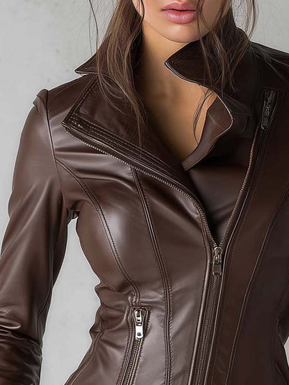 Vintage Brown PU Leather Moto Jacket