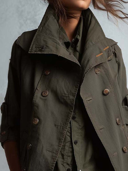 Vintage Army Green Utility Trench Coat With Double-Breasted Buttons