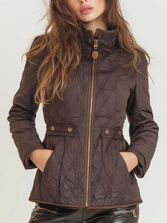 Classic Brown Quilted High-Neck Jacket