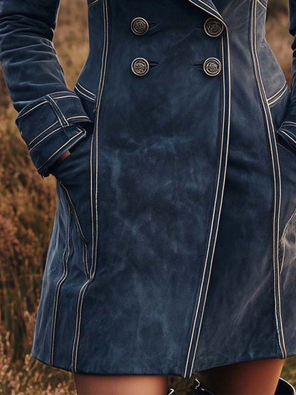 Slate Blue Microfiber Suede Long Blazer Dress With Contrast Piping