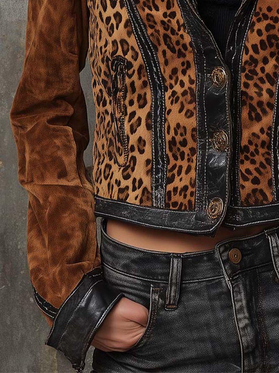 Vintage Leopard Print Suede Jacket With Leather Trim