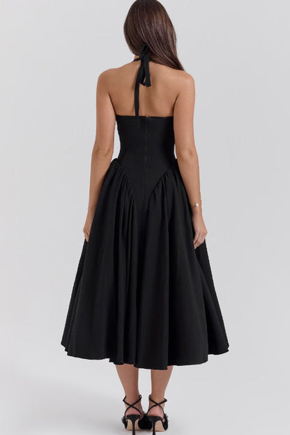 Lilly® | Solid A-line halter midi dresses with deep V-neck