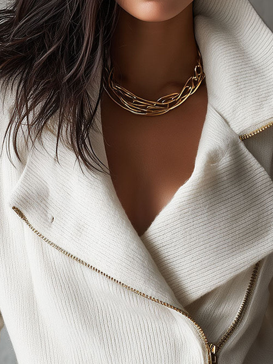 Wide Collar Asymmetric Zip Knit Sweater Jacket