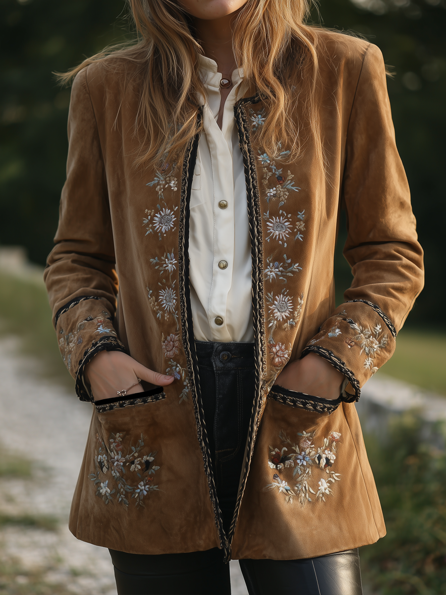 Vintage Floral Embroidered Crew Neck Eco-friendly Suede Jacket