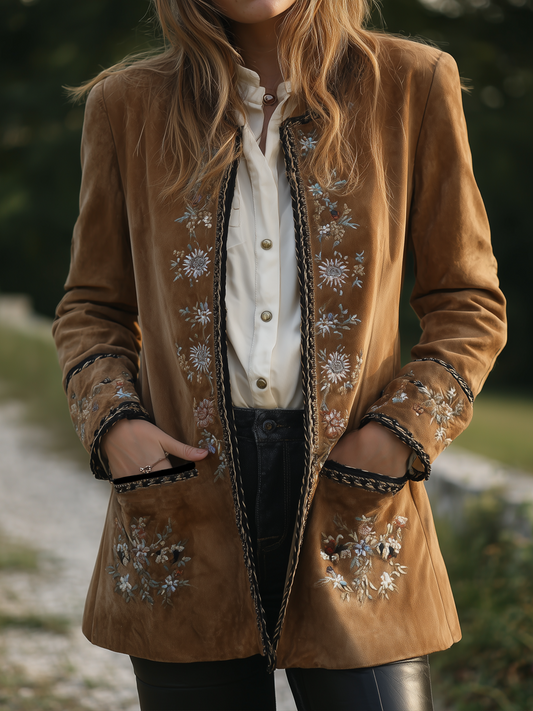 Vintage Floral Embroidered Crew Neck Eco-friendly Suede Jacket