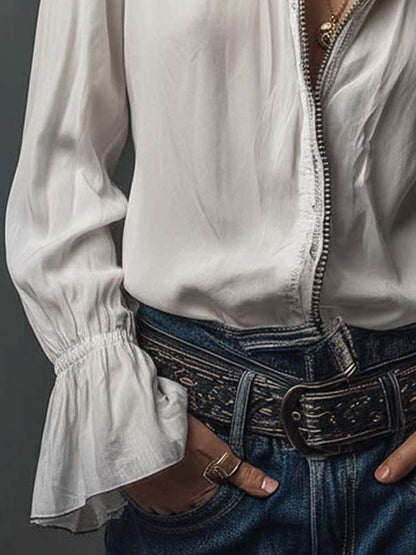 White Zip-Front Blouse With Flounce Cuffs