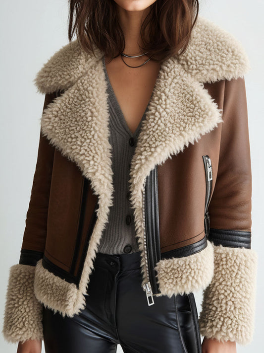 Vintage Brown Eco Leather Shearling Biker Jacket