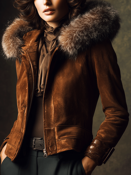 Retro Brown Suede Luxe Fur Hood Jacket