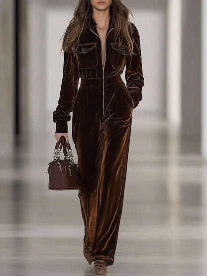 【24-hour shipping out】Casual Loose Vintage Velvet Multi-Pocket Zipper Long Sleeve Jumpsuit
