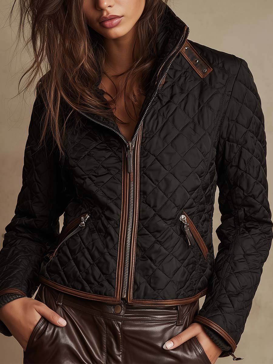 Quilted Black Jacket With Contrast Leather Trim