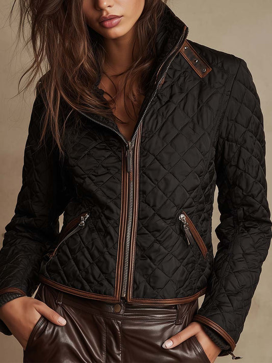 Quilted Black Jacket With Contrast Leather Trim