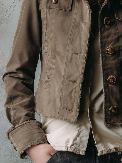 Vintage Military-Inspired Cropped Jacket With Shearling Collar