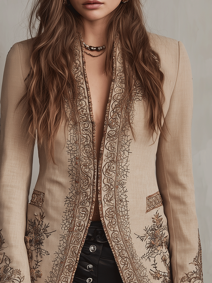 Chic Beige Velvet-Effect Embroidered Jacket