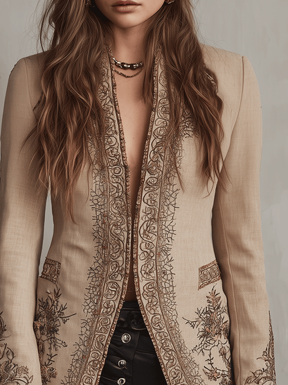Chic Beige Velvet-Effect Embroidered Jacket