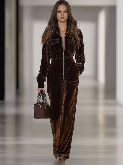 【24-hour shipping out】Casual Loose Vintage Velvet Multi-Pocket Zipper Long Sleeve Jumpsuit