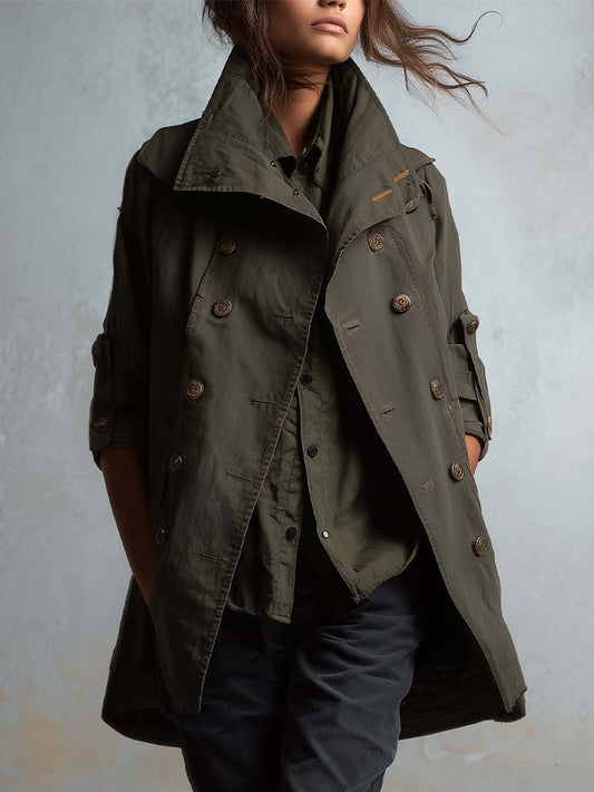 Vintage Army Green Utility Trench Coat With Double-Breasted Buttons