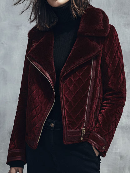Asymmetrical Zipper Burgundy Quilted Velvet Moto Jacket With Shearling Collar
