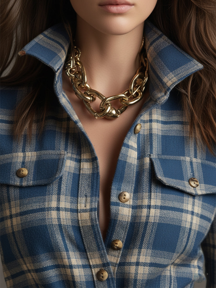 Retro Ethnic Style Lapel Reddish Brown Plaid Maxi Dress