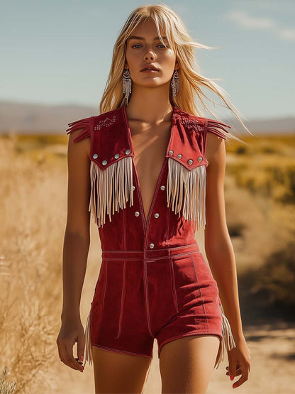 Western Cowboy Style Red Suede Silver Button Beige Tassel Jumpsuit