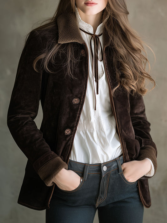 Vintage Chocolate Brown Microsuede Shearling Jacket With Lapel Collar