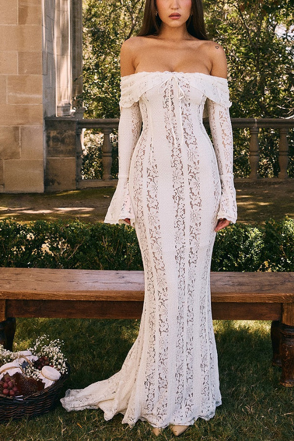 Leila® | Off Shoulder Floral Lace Flared Sleeve Fishtail Maxi Dress - White
