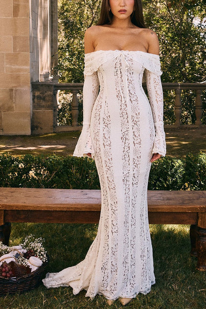 Leila® | Off Shoulder Floral Lace Flared Sleeve Fishtail Maxi Dress - White