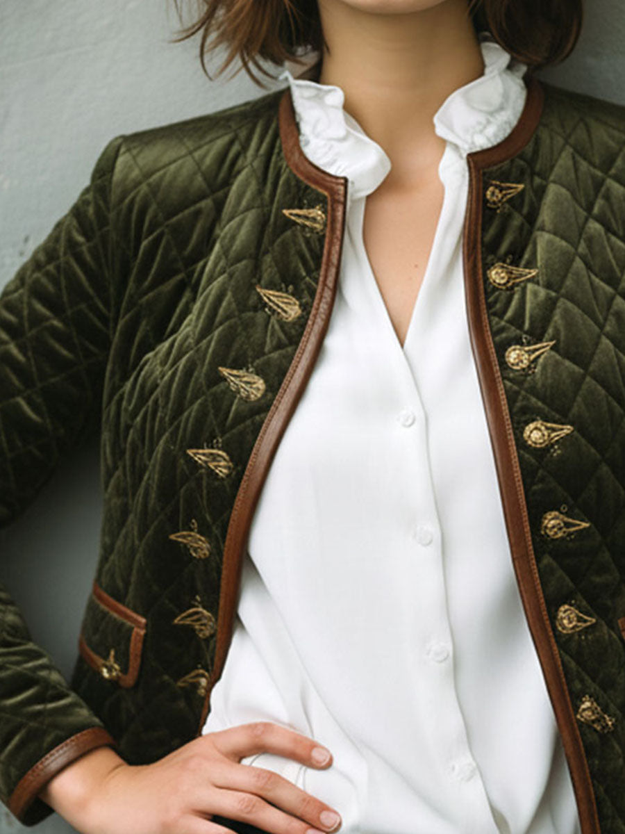 Vintage Olive Quilted Velvet Button Down Jacket