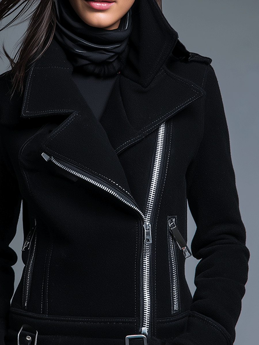 Classic Black MotoAsymmetrical Zip And Buckle Detail Jacket