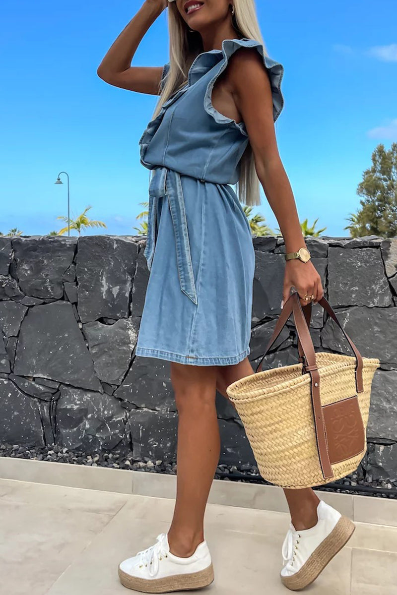 Ivette® | Casual solid color sleeveless denim dresses with flounce and V-neck