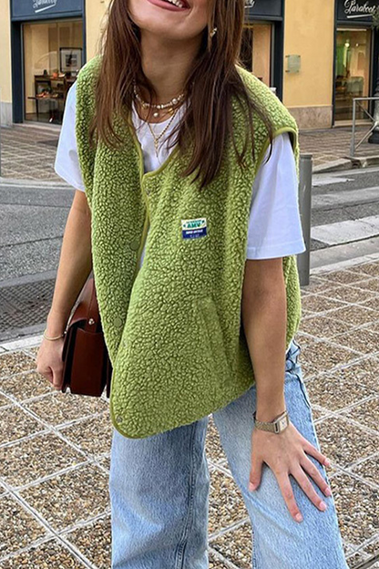 Holly | Casual street pocket buttons, fluffy O-neck vests