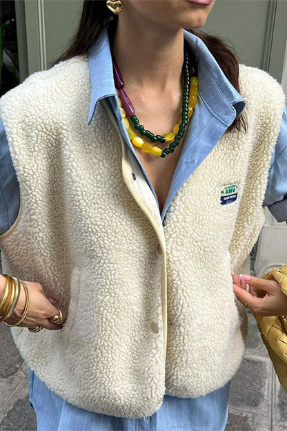 Holly | Casual street pocket buttons, fluffy O-neck vests
