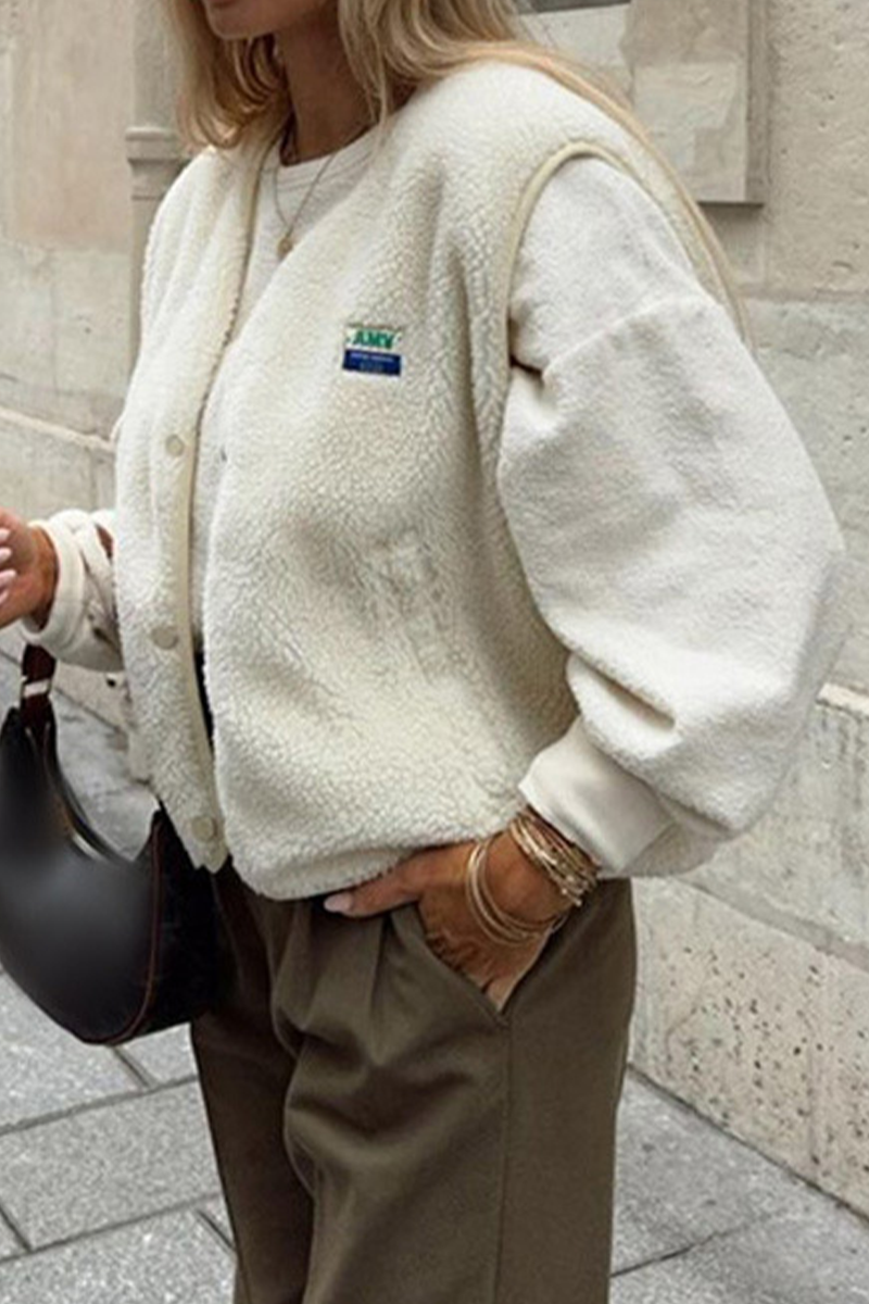 Holly | Casual street pocket buttons, fluffy O-neck vests