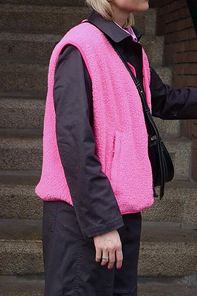 Holly | Casual street pocket buttons, fluffy O-neck vests