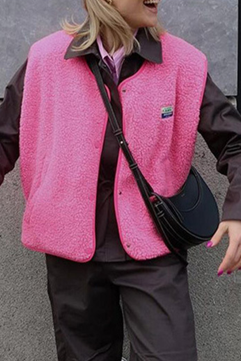 Holly | Casual street pocket buttons, fluffy O-neck vests