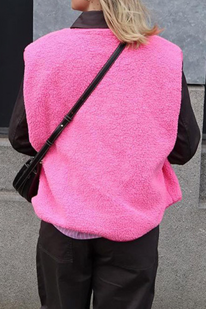 Holly | Casual street pocket buttons, fluffy O-neck vests