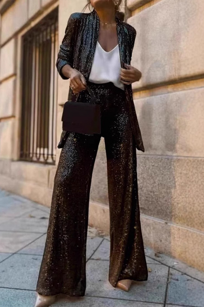 Costanza® | Elegant Sequin Open Jacket And Wide-Legged Pants Set