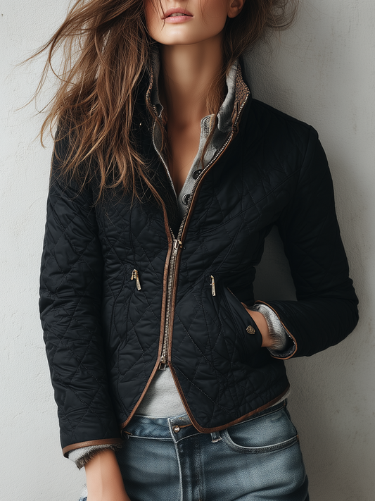 Retro Contrast Trim Quilted Zipper Jacket