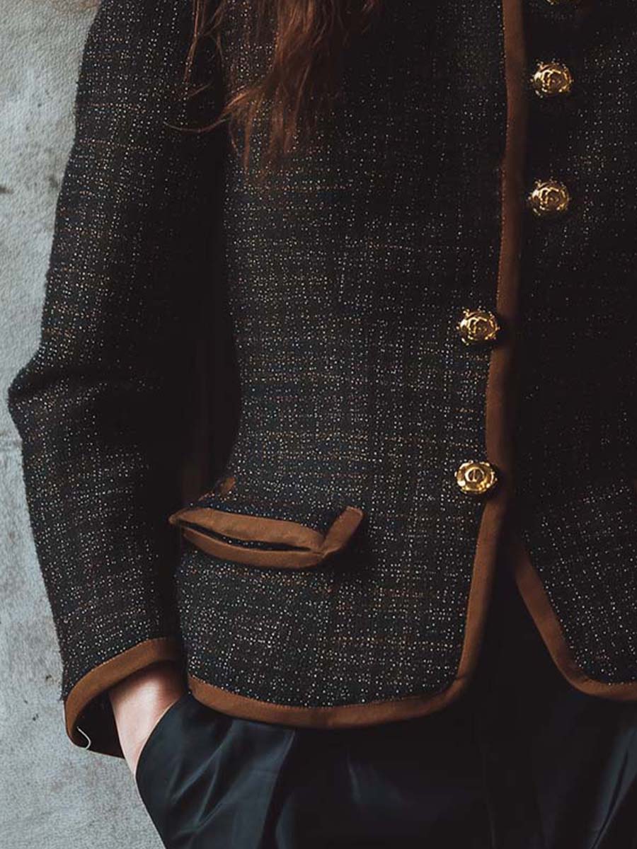 Vintage-Inspired Tweed Jacket With Contrast Trim And Gold Buttons