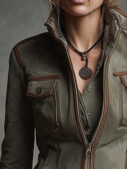 Vintage Military-style Microsuede Jacket With Leather Trim