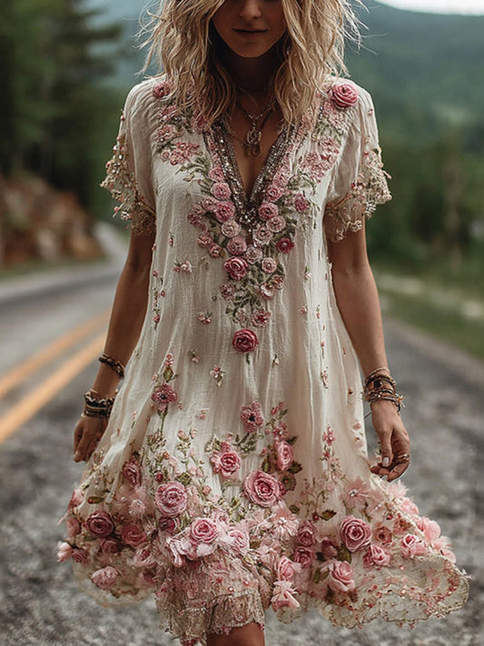 RUBY – BLOSSOM EMBROIDERED V-NECK DRESS