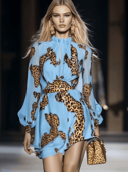 Elegant Personality Leopard Print Sky Blue Chiffon Mini Dress
