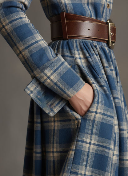 Retro Ethnic Style Lapel Reddish Brown Plaid Maxi Dress