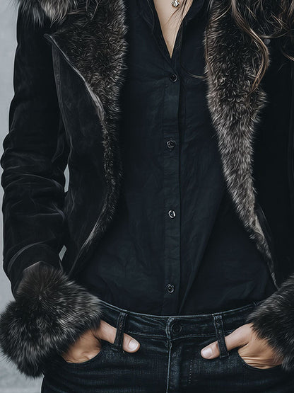 Vintage Black Eco Fluffy Lining And  MIcrosuede Jacket