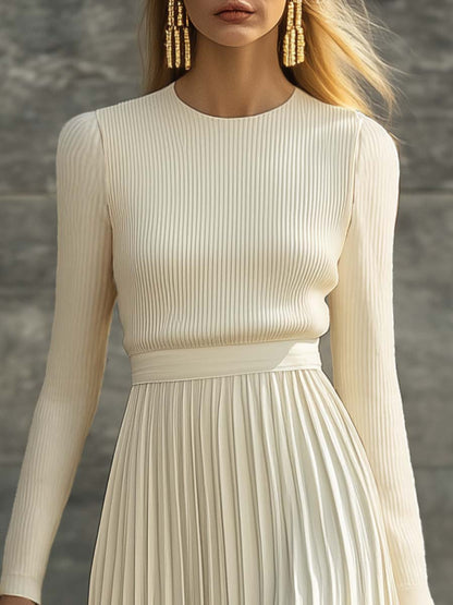 Elegant Casual And Comfortable Long-sleeved Cream Knitted Satin Pleated Hem Maxi Dress