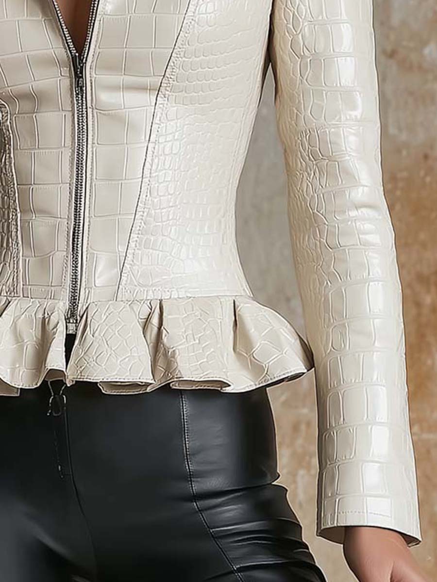 Eco Leather Croc-Embossed Peplum Jacket – Ivory