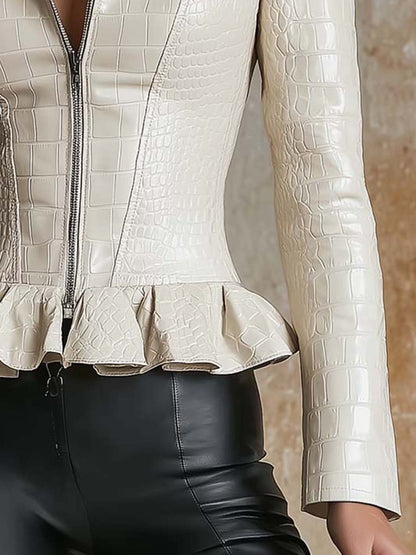 Eco Leather Croc-Embossed Peplum Jacket – Ivory