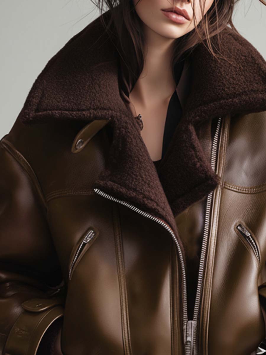 Vegan Eco-Leather Aviator Jacket With Shearling Lining