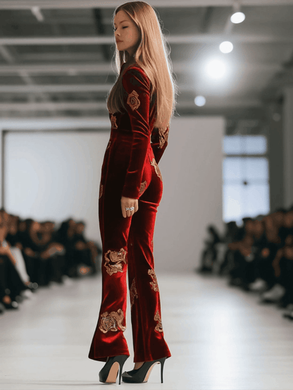 Casual Loose Retro Red Velvet Gold Rose Printed Zipper Long Sleeve Jumpsuit